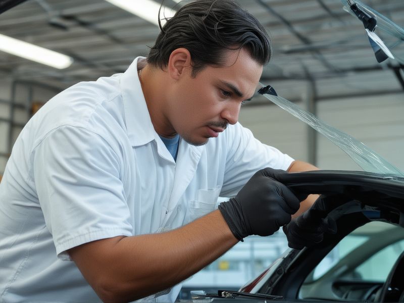 Professional auto glass technician working on vehicle windshield
