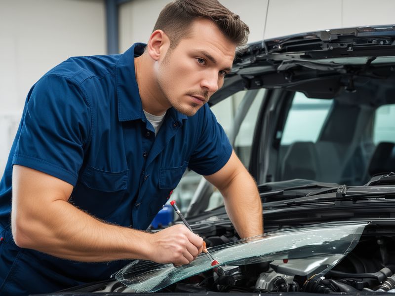 Professional auto glass technician following quality process for vehicle repair