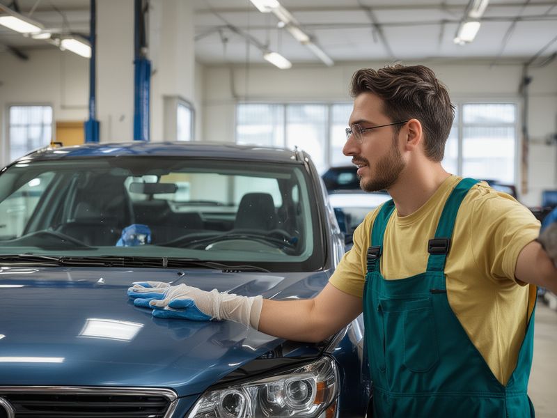 Professional auto glass technician installing windshield in modern workshop