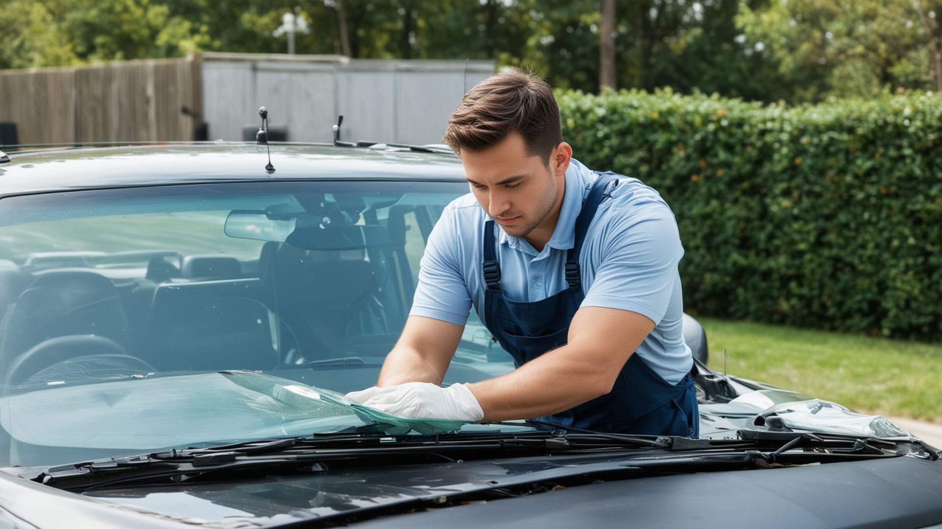 Professional auto glass technician replacing vehicle windshield