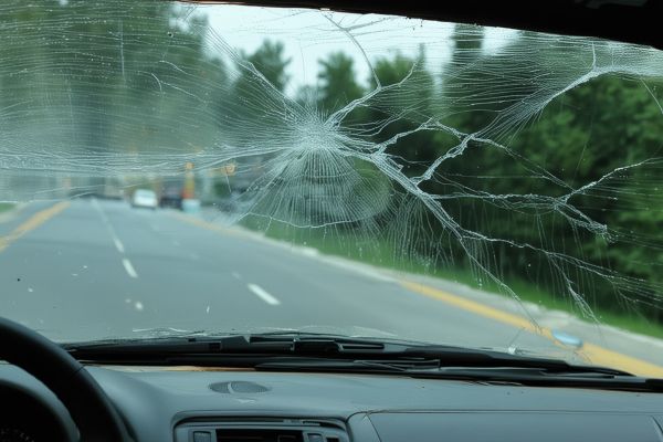 Damaged windshield with large crack requiring replacement